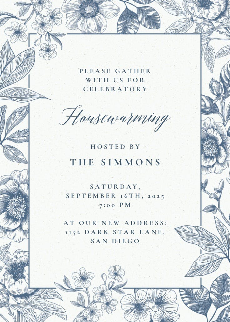 Navy blooms - housewarming invitation